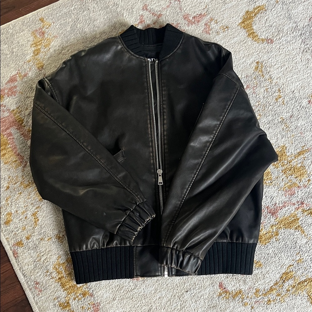 Women's Black Faux Leather Bomber Jacket